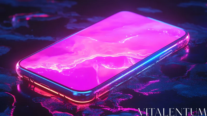 Neon-lit smartphone renders with liquid holographic display