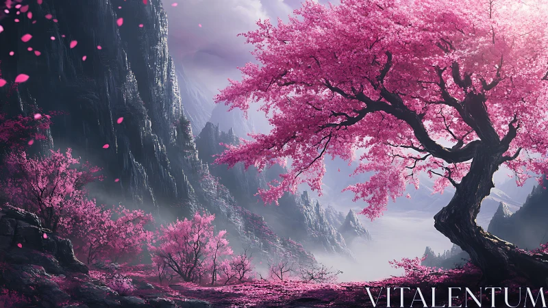 Digital landscape depicts pink blossom trees beside cliffs