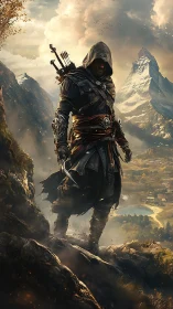 Hooded ranger surveys epic mountain valley battleground.