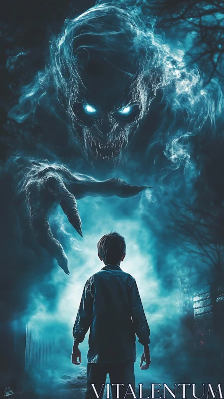 Boy confronts ghoststorm giant in neon midnight fog portal.