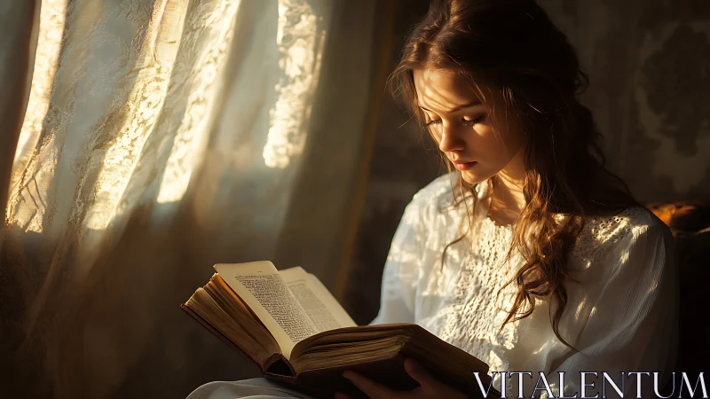 Young woman reads antique book in warm morning light