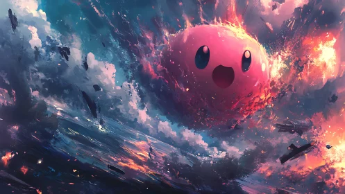 Colossal pink orb descends through apocalyptic skyscape.