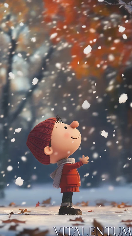 Child in red winter coat delighting in first snowfall.