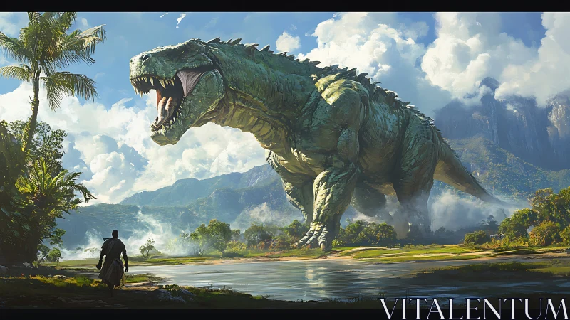 Colossal jungle dinosaur confronting lone explorer hero.