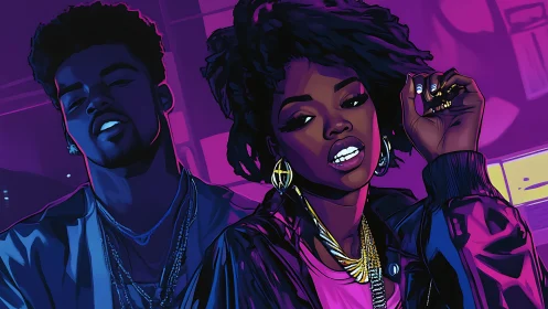 Neon-lit urban duo rendered in high-saturation digital cel-shade.