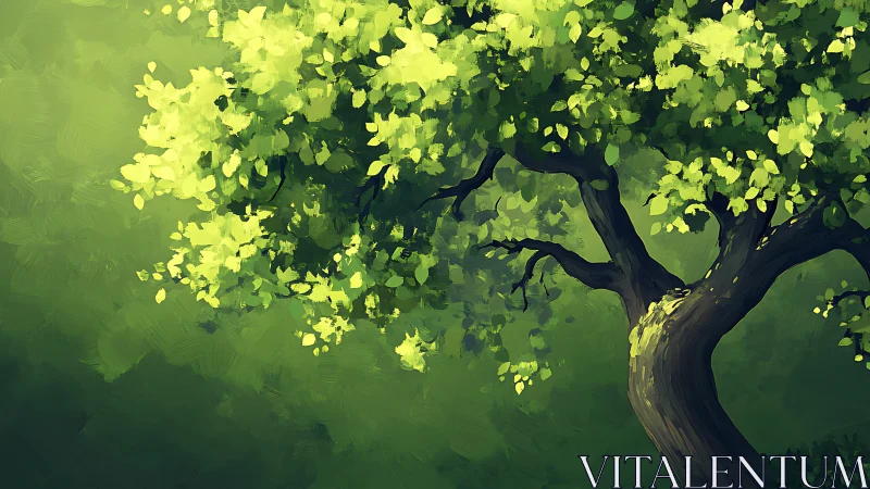 Lush Green Tree in Sunlight, Digital Painting Style.