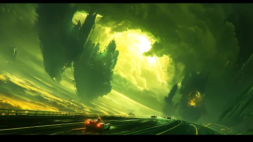 Neon storm horizon over ultrafast highway racers.