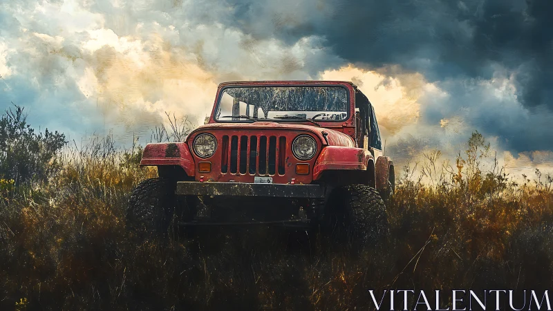 Storm-chasing red jeep waits boldly beneath bruised skies