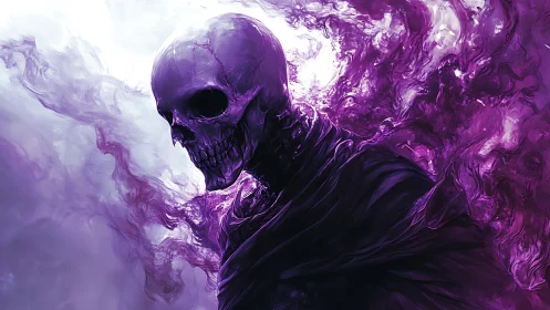 Spectral violet skull entity dissolving into turbulent vapor.