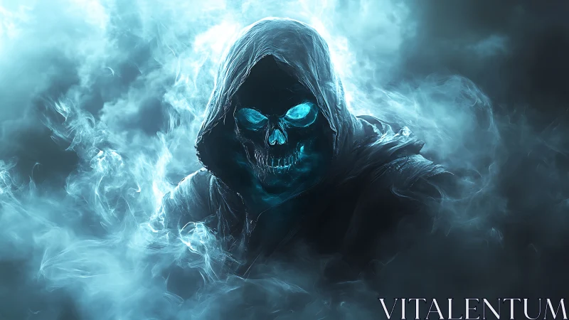 Hooded spectral reaper emerges from glowing cyan mist.