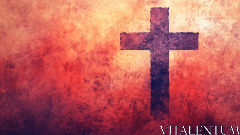 Textured crimson cross emerging from radiant backdrop.