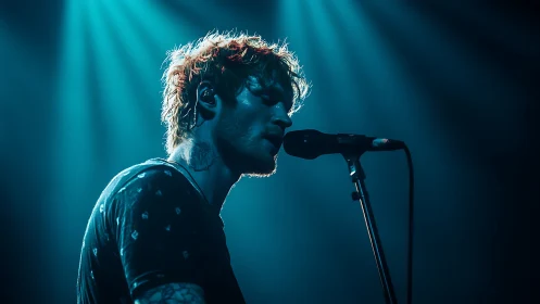 Moody blue stage lights cradle a singer lost in song