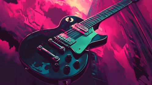 Electric guitar in neon cyberpunk city glow at dusk.