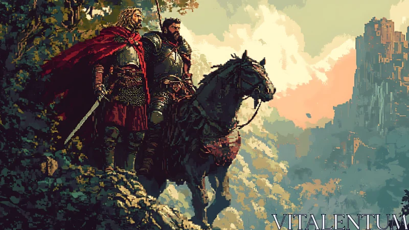 Crimson‑cloaked knights survey a fog‑drowned citadel horizon.