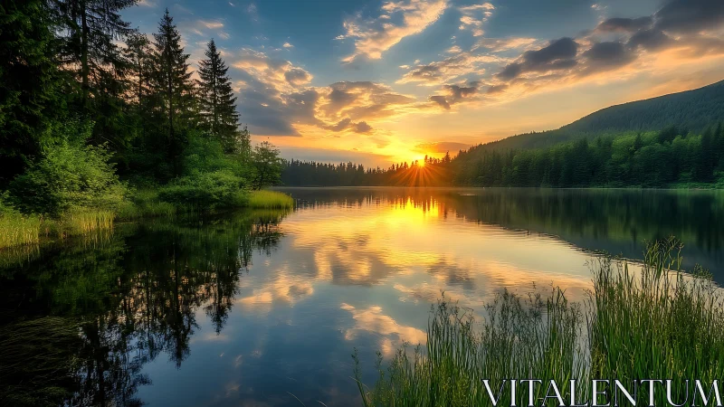 Sunset illuminates reflective forest lake in high-resolution panorama