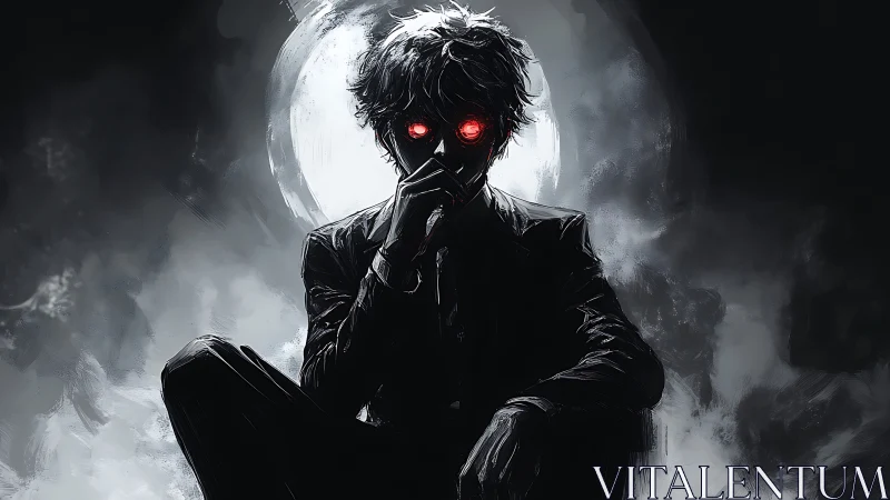 Mysterious red eyed figure resting beneath a ghostly moon.