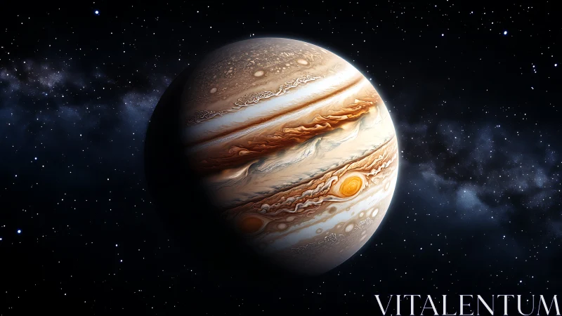 Gas giant planet Jupiter rendered against dense starfield