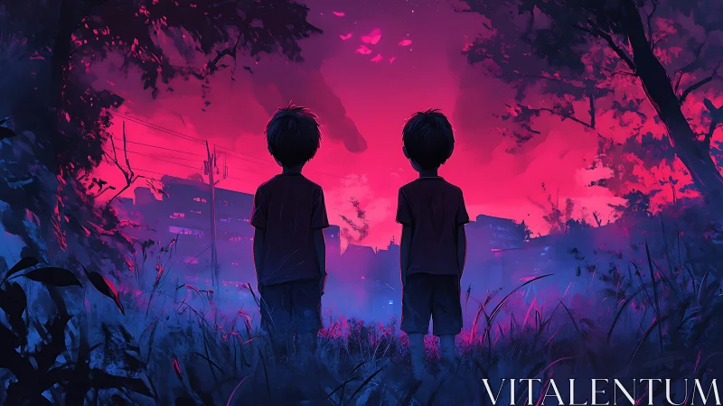 Two curious kids gaze into a glowing neon twilight sky