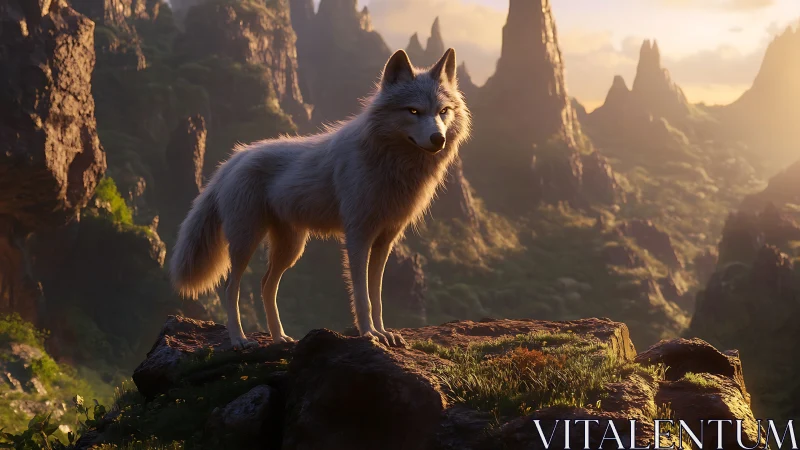 Cinematic wolf portrait overlooks sunlit mountainous valley