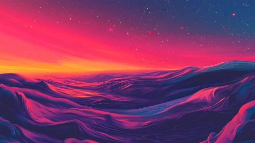 Radiant alien dunes glow softly beneath a star-swept sky