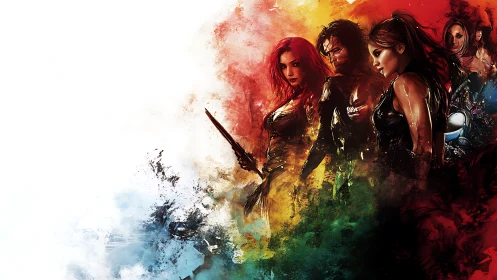 Warrior heroines emerge from saturated splatter gradients