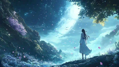 Celestial valley vista with lone robed figure under luminous moon