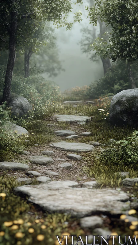Stone Path Leading Through Misty Forest Serenity