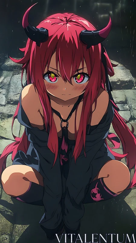 Shy demon girl resting in the rain with glowing hopeful eyes.