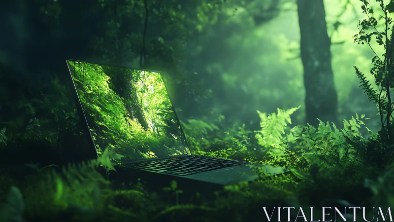 Laptop grown wild in emerald forest light dreamscape.