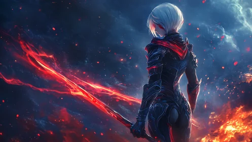 Scarlet-bladed warrior stands defiant amid swirling embers