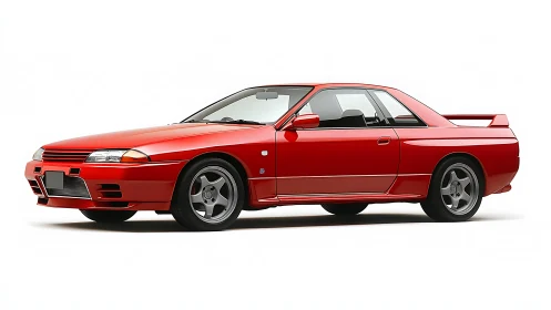 Red two-door sports coupe is viewed in right side profile