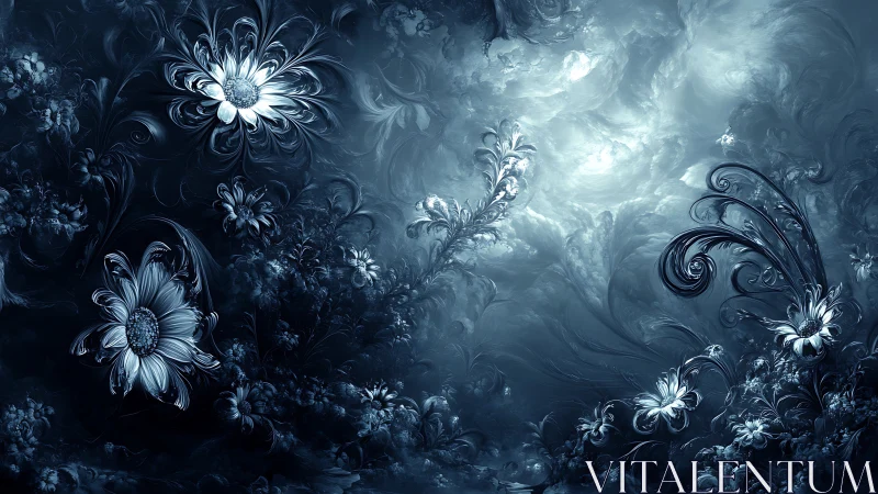 Moonlit fractal garden where silver blossoms slowly breathe.