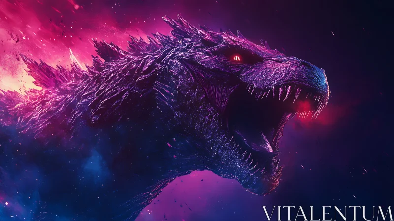 Cosmic kaiju roars against neon magenta and blue void
