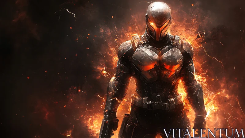 Armored exosuit soldier emerges from high-intensity plasma fire