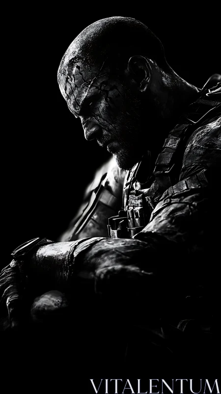 Monochrome tactical portrait in high-contrast photorealism.