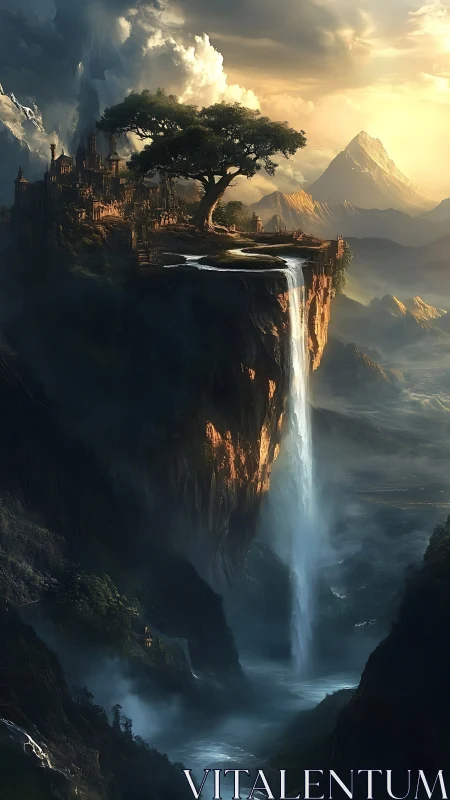 Fantasy Cliff Kingdom with Waterfall and Mountain Peaks.