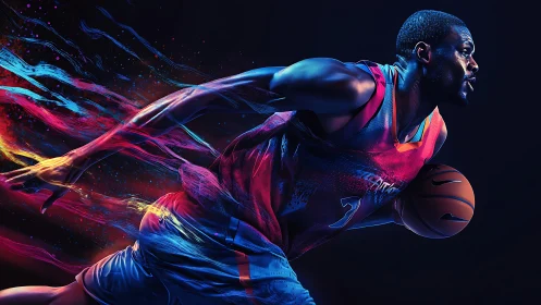 Dynamic neon basketball drive rendered in motion blur.