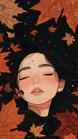 Autumnal portrait with freckled face in leaf field composition.