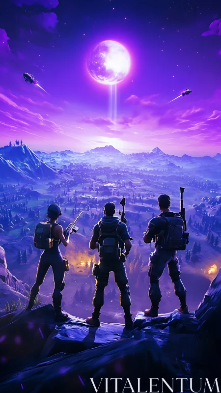 Triadic squad overlooking luminescent lunar battlefield vista.