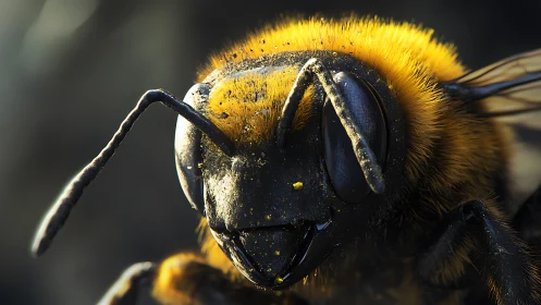 Golden bee close-up with shimmering pollen dusted face.