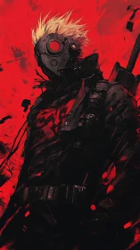 Masked cyber warrior in black gear on red backdrop.