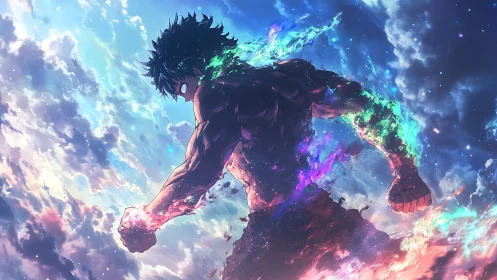 Sky-lit fighter unleashes luminous energy through clouds