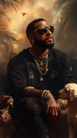 Stylish man in gold jewelry seated with two dogs outdoors.