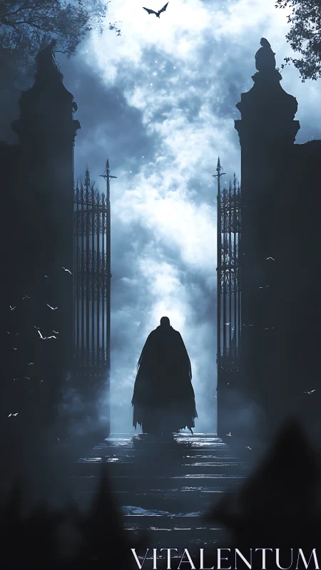 Solitary cloaked figure at wrought iron gate under moonlit sky.