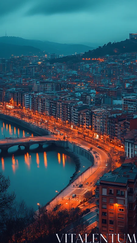 Moody riverside city glows under teal dusk skies