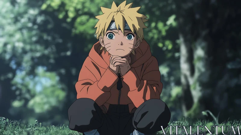 Blond anime boy in orange hoodie seated in forest clearing.