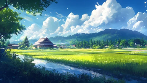 Sunlit Japanese rice paddies under cumulonimbus sky layers