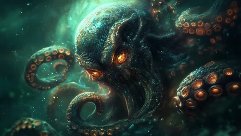 Abyssal titan unfurls molten-eyed tentacles in eerie glow