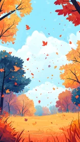 Autumn Forest Landscape with Falling Leaves and Blue Sky