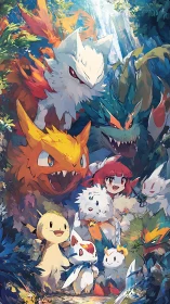 Colorful forest creatures sharing a joyful anime adventure.